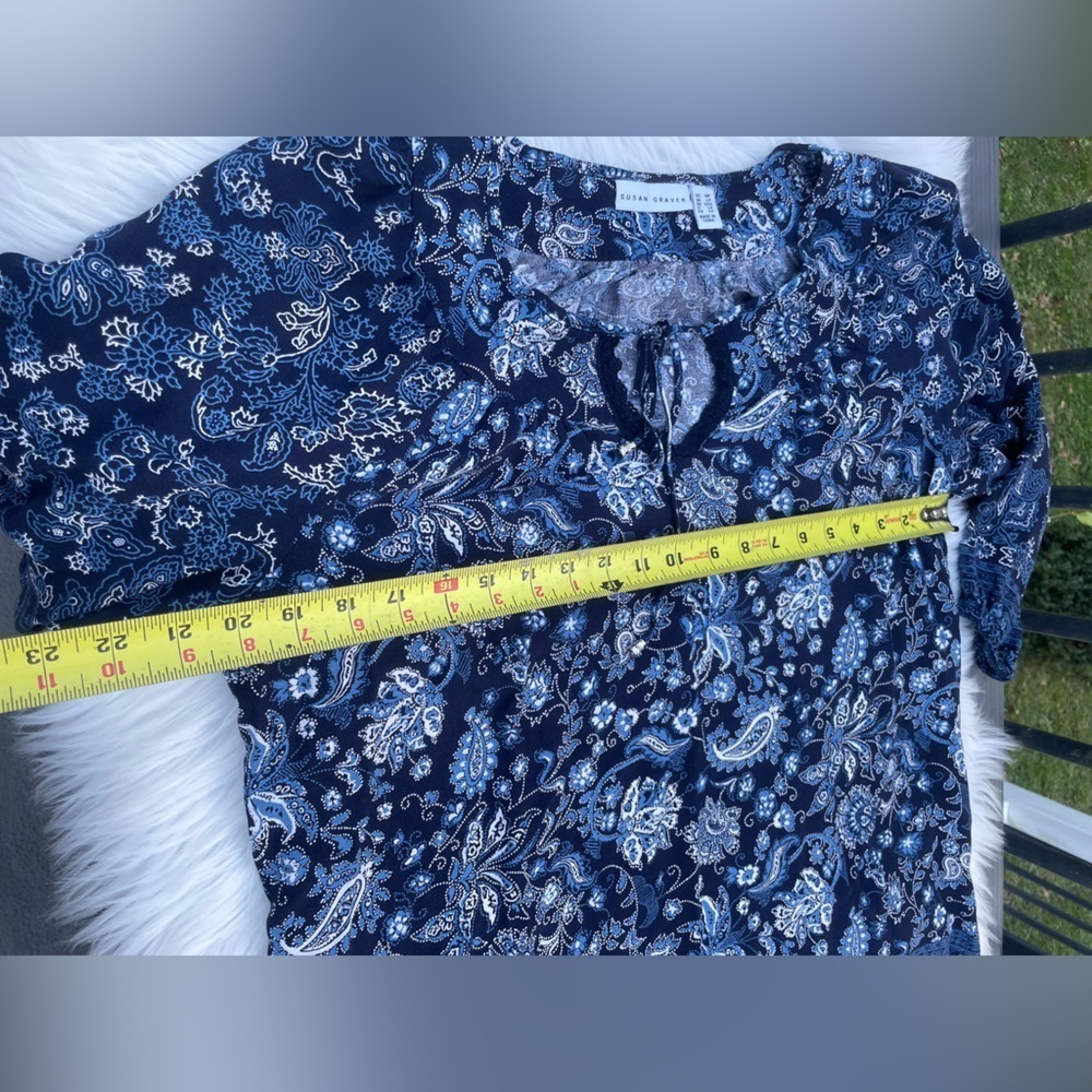 Susan Graver Womens Floral Woven Tie Neck Peasant Tunic Top - Size Med. petite - Picture 8 of 12